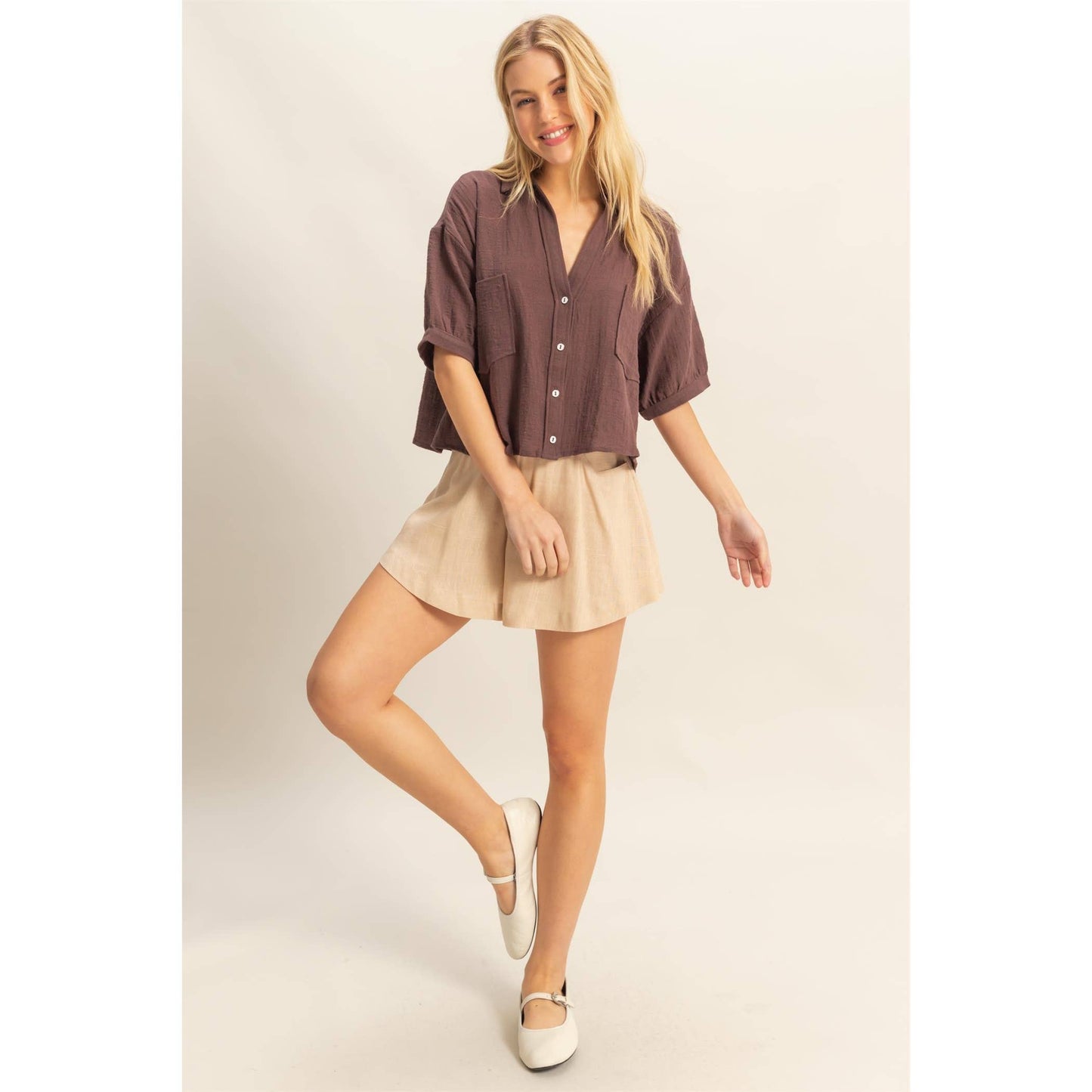 Short Sleeve Button-Front Crop Shirt