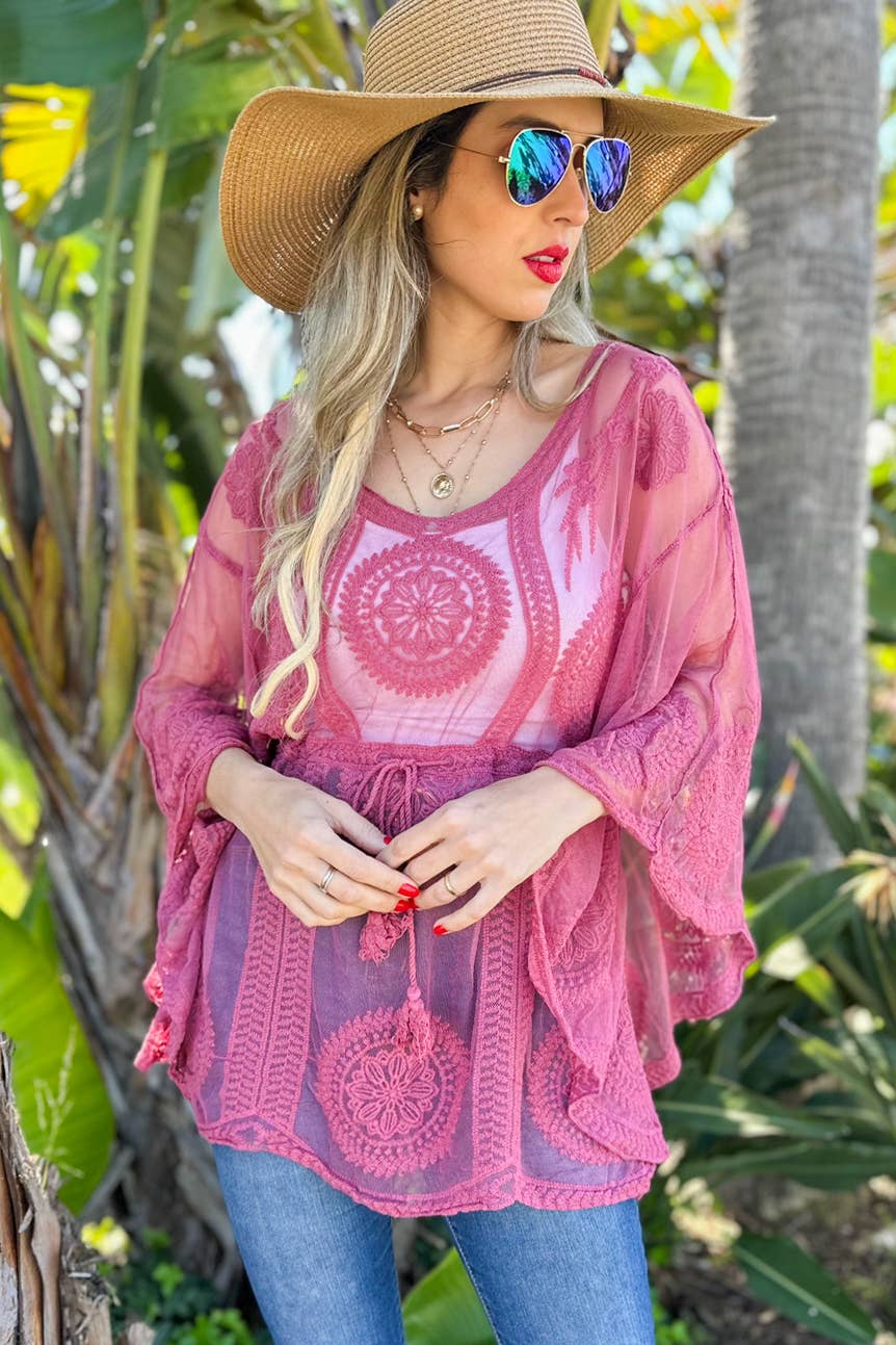 Mauve Classic Floral Sheer Top With Tassel Belt Poncho