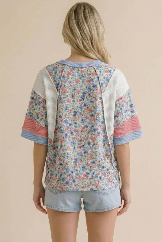 Short Sleeve Color Block Floral Knit Top