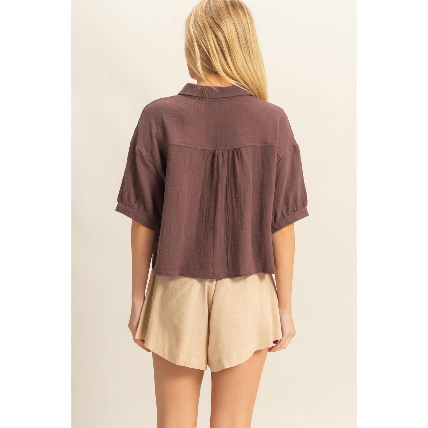 Short Sleeve Button-Front Crop Shirt