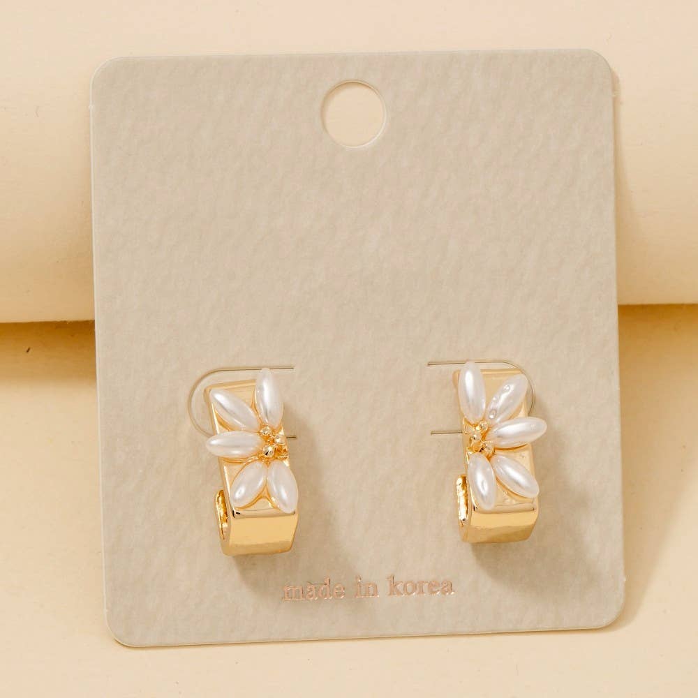 Pearl Beads Half Flower Rectangle Hoop Earrings