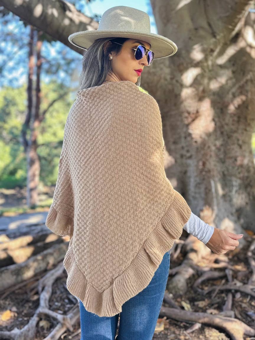 Taupe Boho Triangle Ruffle Shawl with Faux Leather Buckle