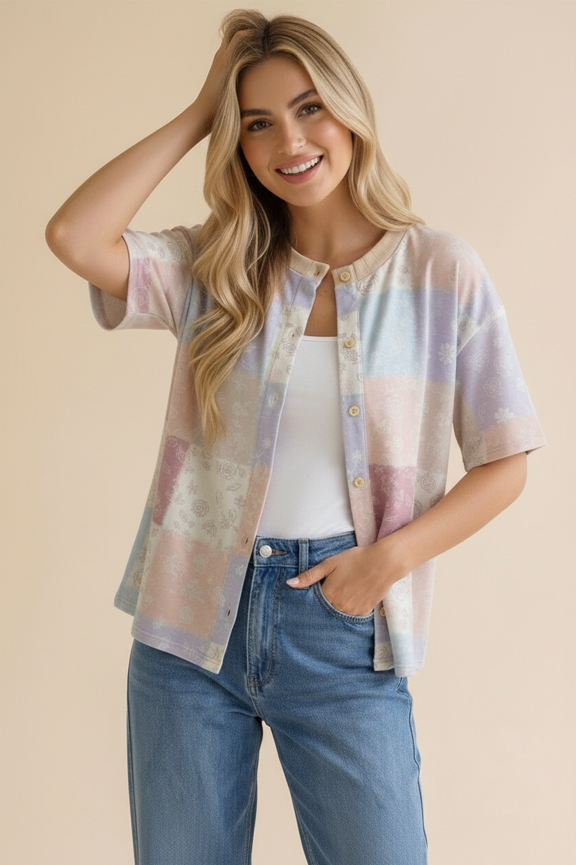 Crew Neck Button Down Patchwork Cardigan