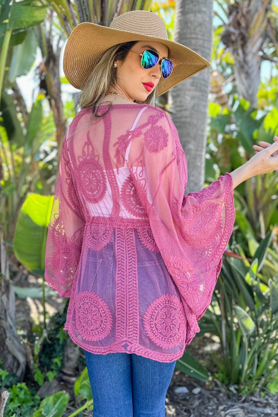Mauve Classic Floral Sheer Top With Tassel Belt Poncho