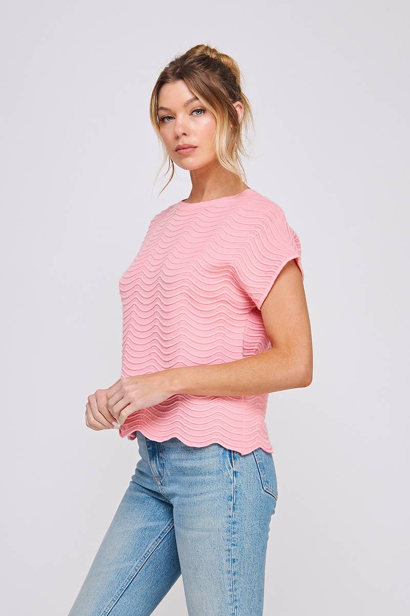 Fine gauge scallop pattern relaxed knit top
