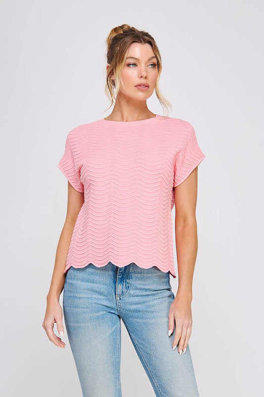 Fine gauge scallop pattern relaxed knit top