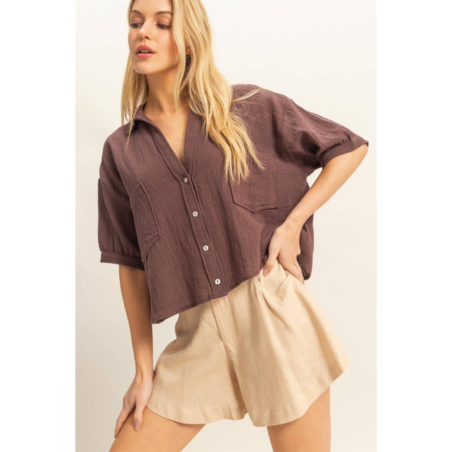 Short Sleeve Button-Front Crop Shirt