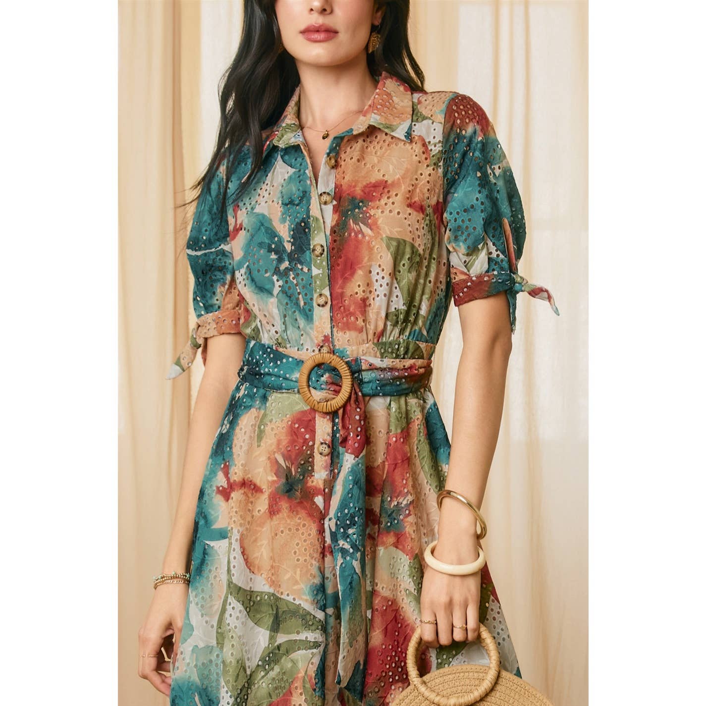 Sunset Whispers Eyelet Buckled Shirt Dress