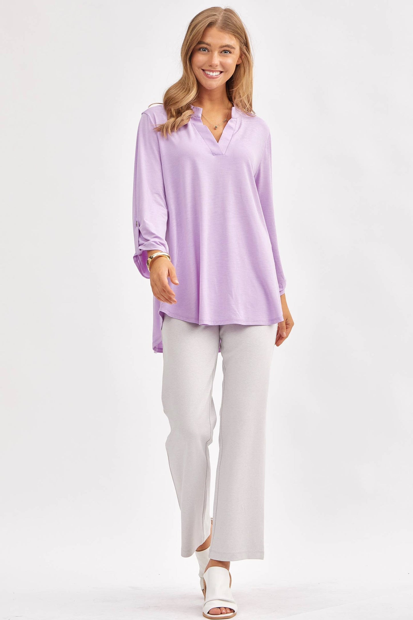 Signature Mandarin Collar 3/4 Sleeve Flowy Top