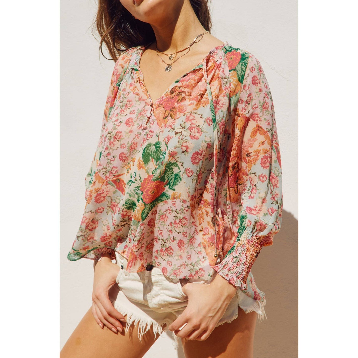 Flower Patch Smocked Neckline Flowy Blouse