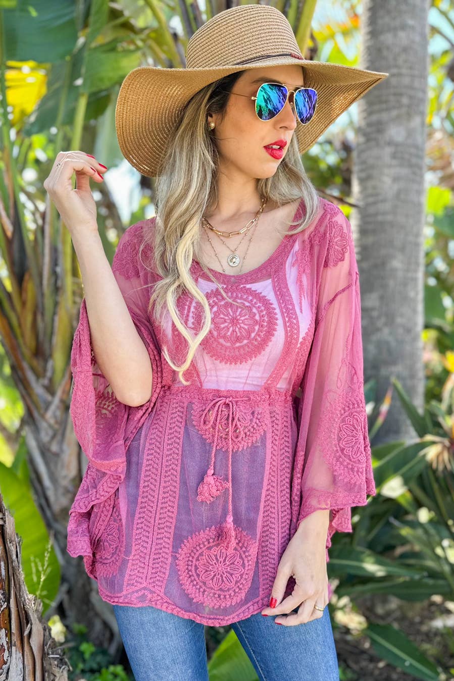 Mauve Classic Floral Sheer Top With Tassel Belt Poncho