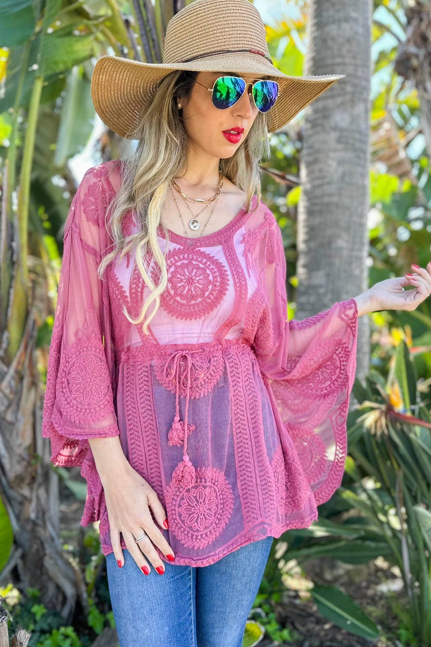 Mauve Classic Floral Sheer Top With Tassel Belt Poncho