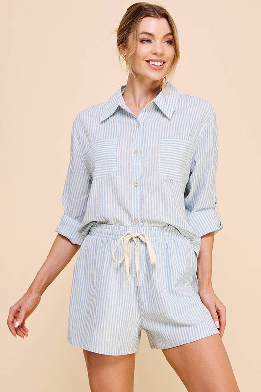 Cropped Long Sleeve Linen Striped Shirt