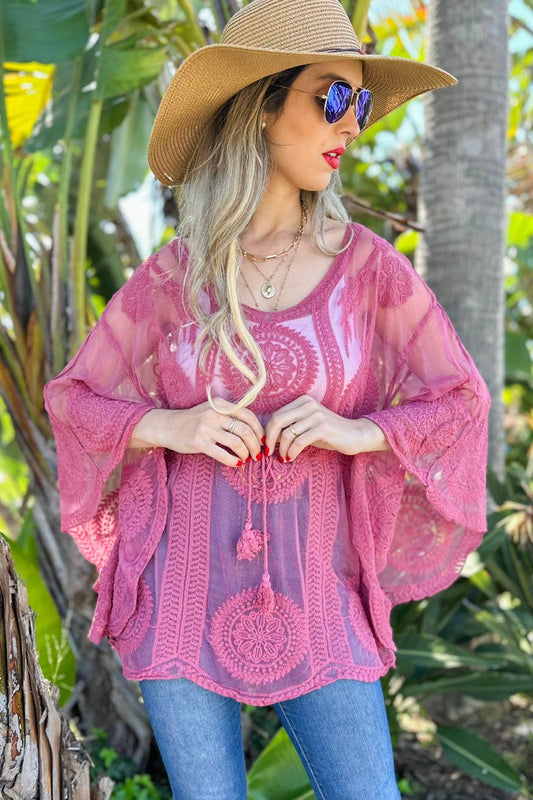 Mauve Classic Floral Sheer Top With Tassel Belt Poncho