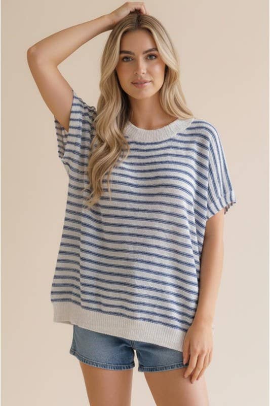 Dolman Short Sleeve Stripe Sweater Knit Top