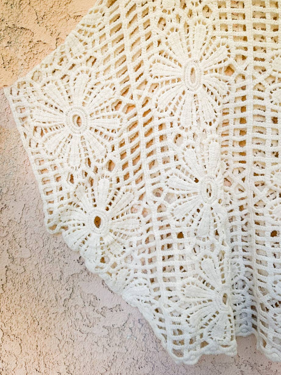 Ivory Boho Floral Crochet Dolman Sleeve Knit Top