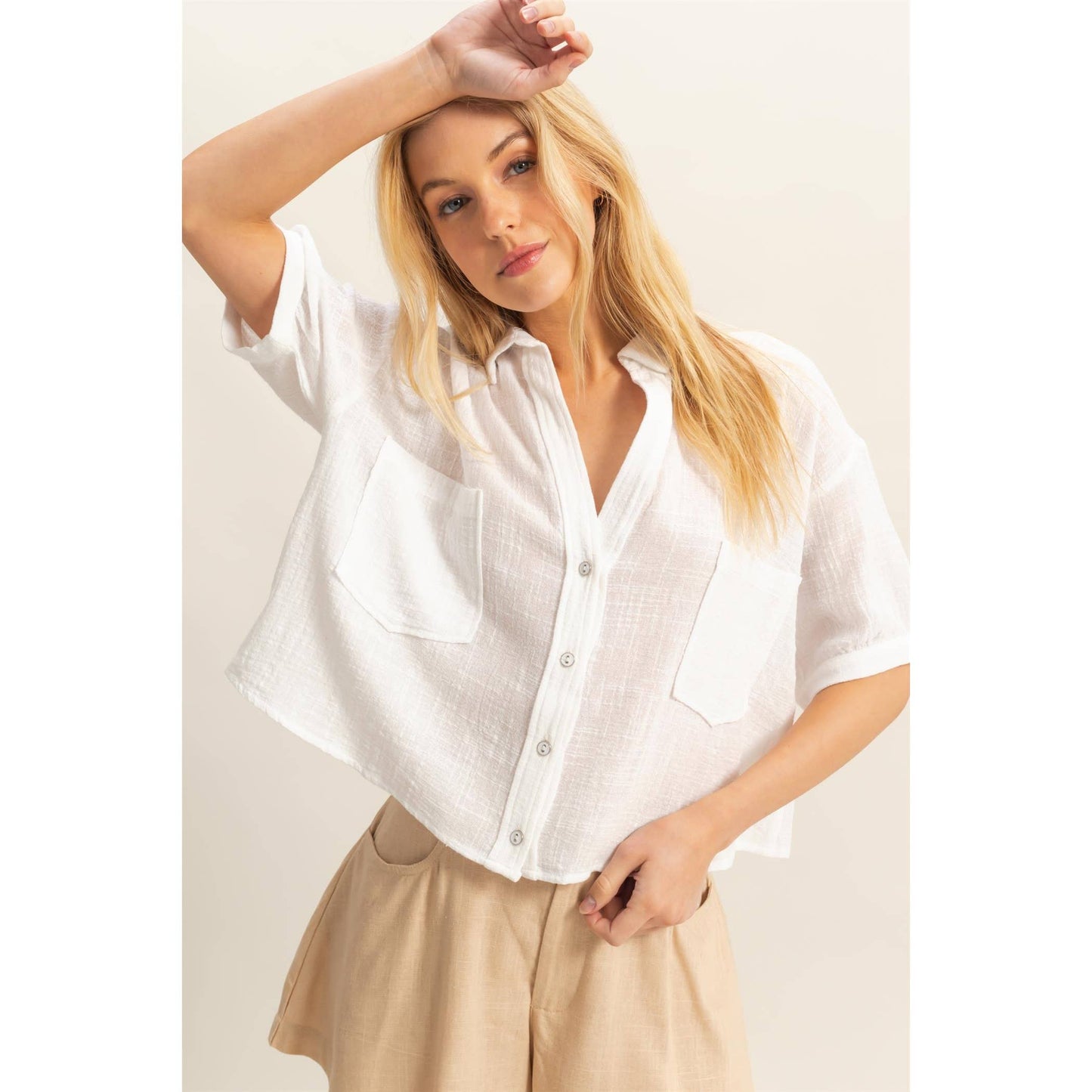 Short Sleeve Button-Front Crop Shirt
