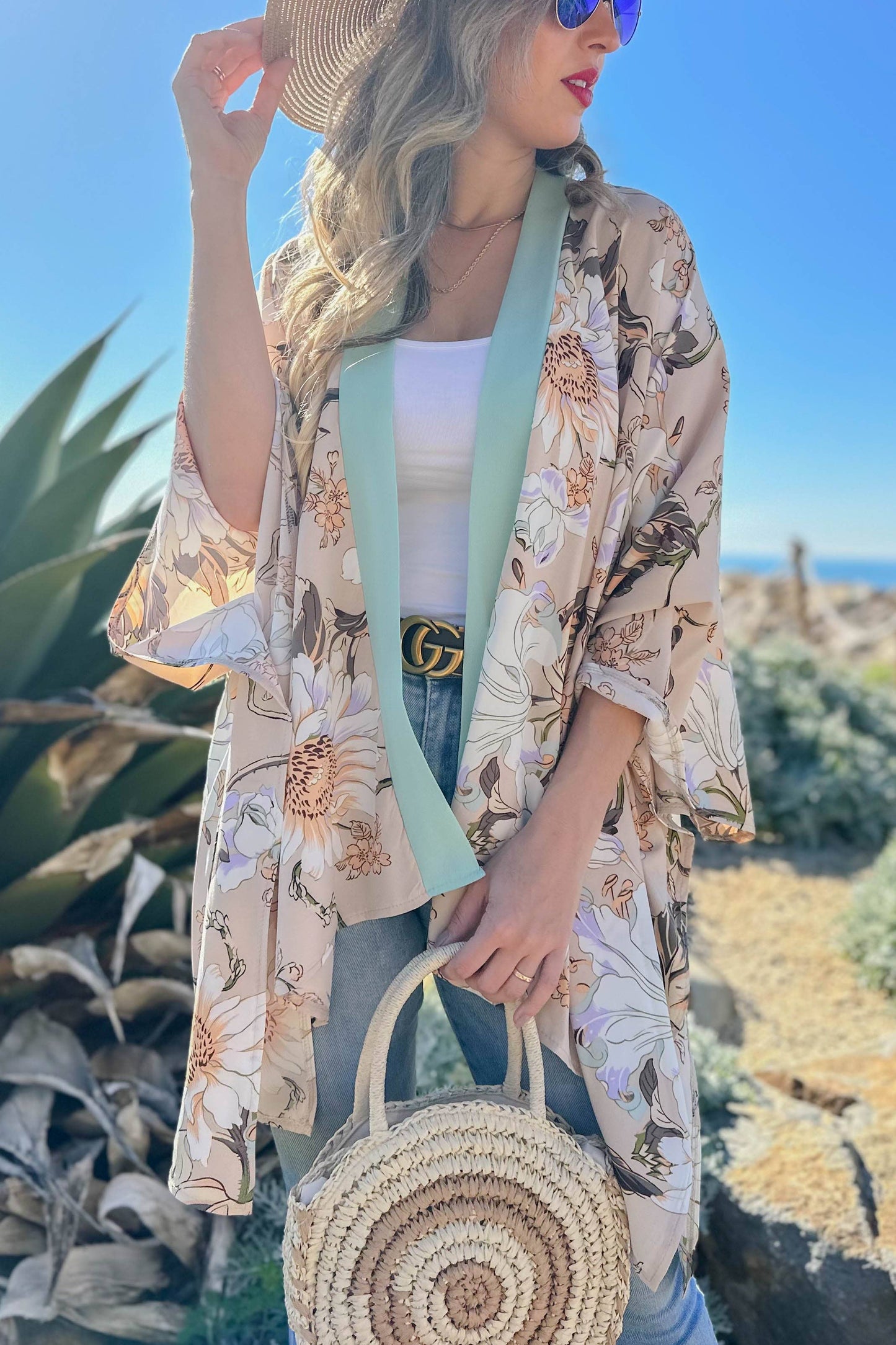 Nude Floral Printed Kimono Cardigan Cover UP