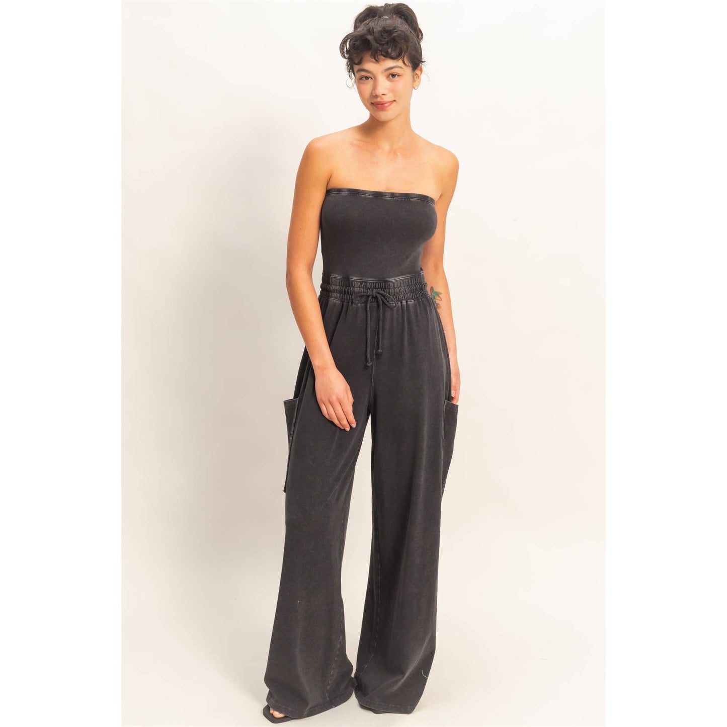 Mineral Wash Strapless Wide-Leg Jumpsuit