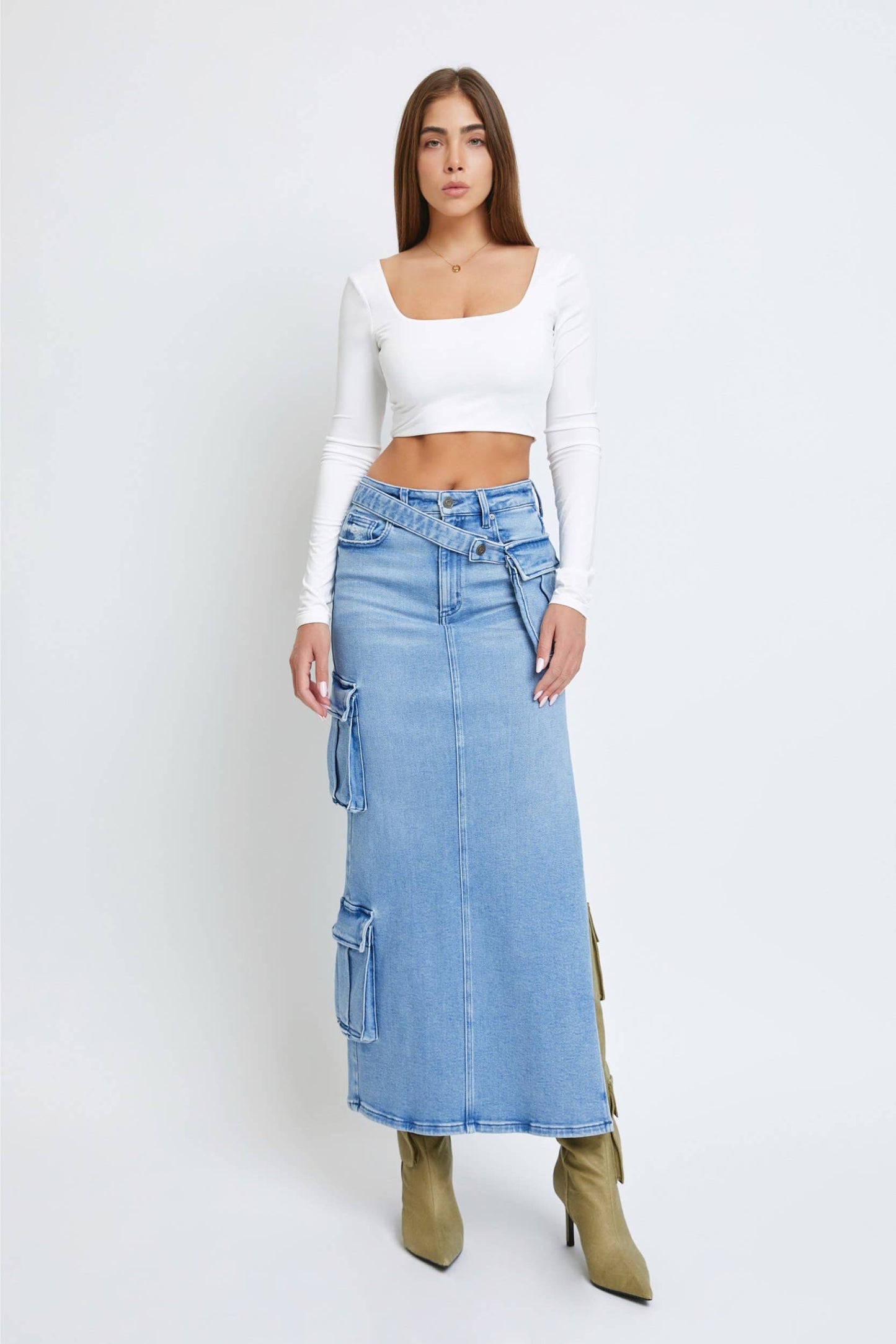 Light Wash Peyton Cargo Side Slit Skirt