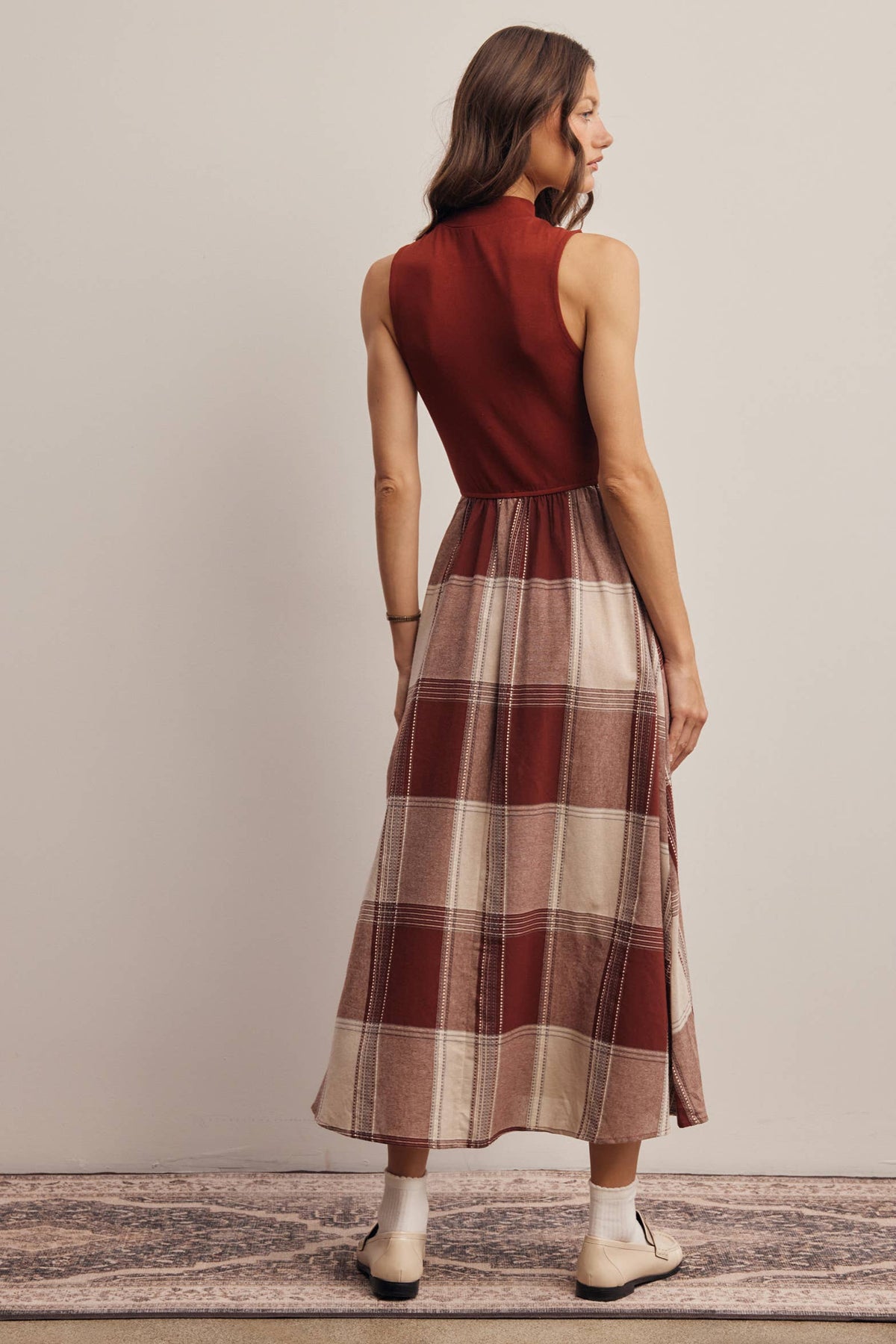 Mock Neck Mixed Media Plaid Midi Dress FD0068