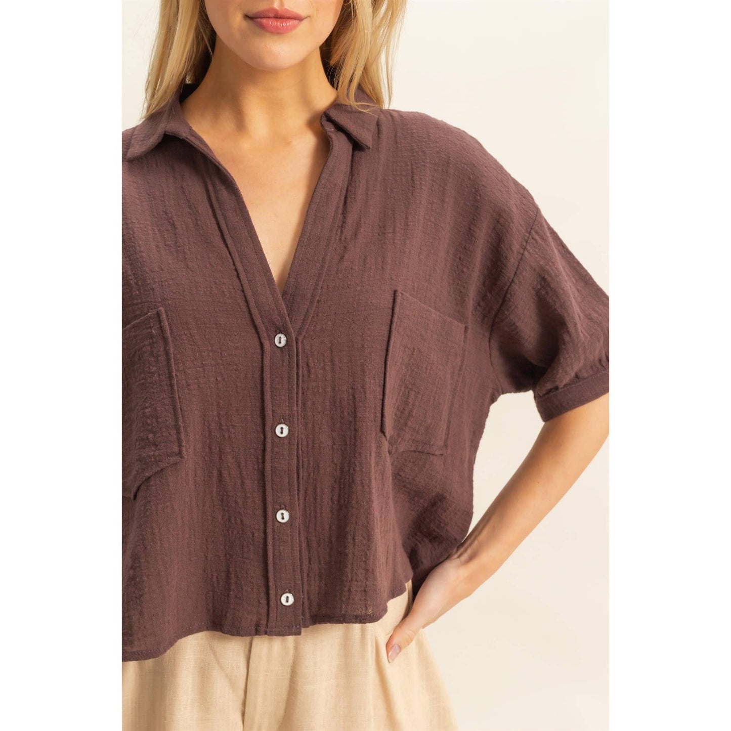 Short Sleeve Button-Front Crop Shirt