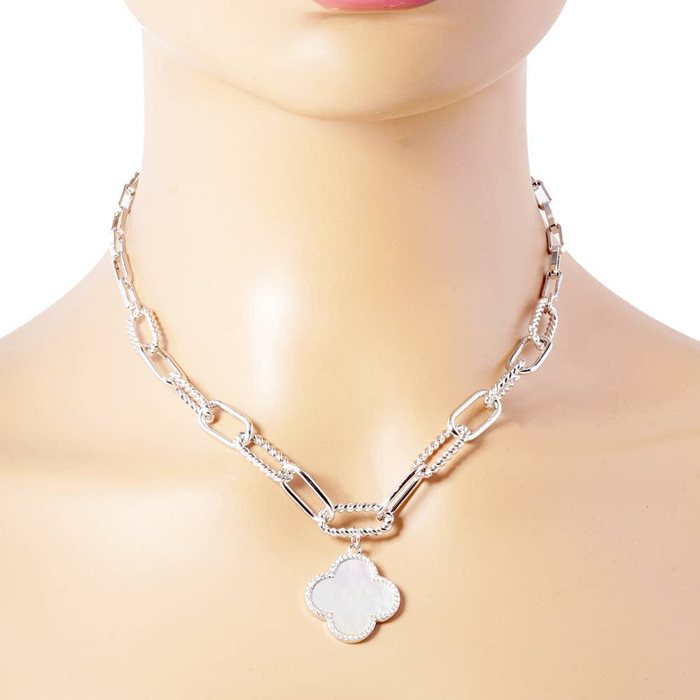 Gold Dipped Quatrefoil Pendant Paperclip Chain Necklace