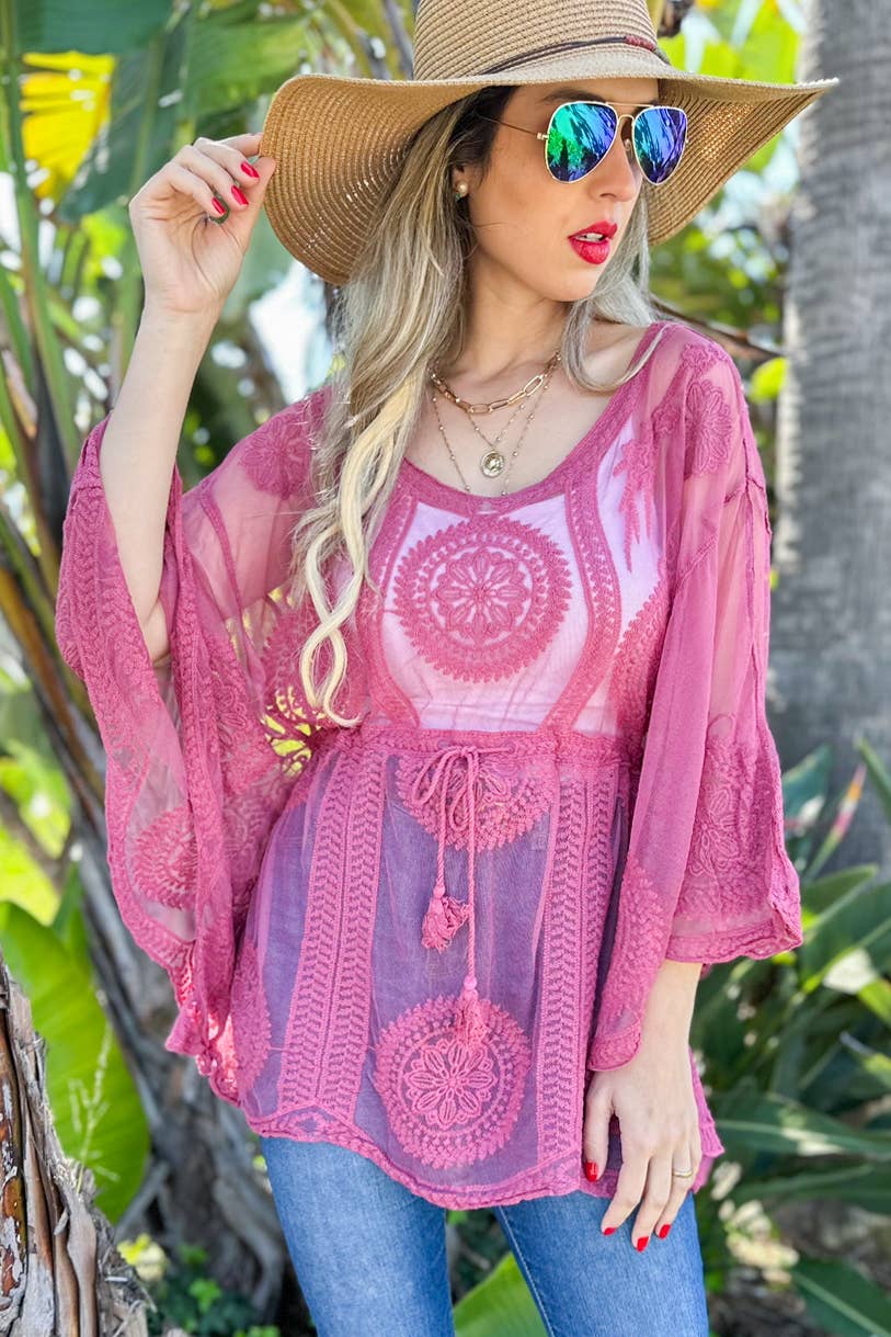 Mauve Classic Floral Sheer Top With Tassel Belt Poncho