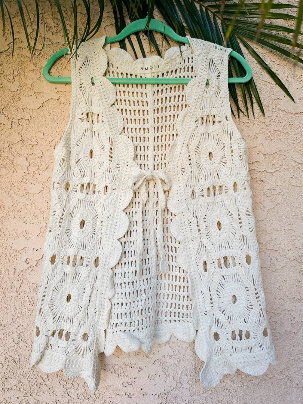 Ivory Boho Floral Crochet Open Front Vest with Tie