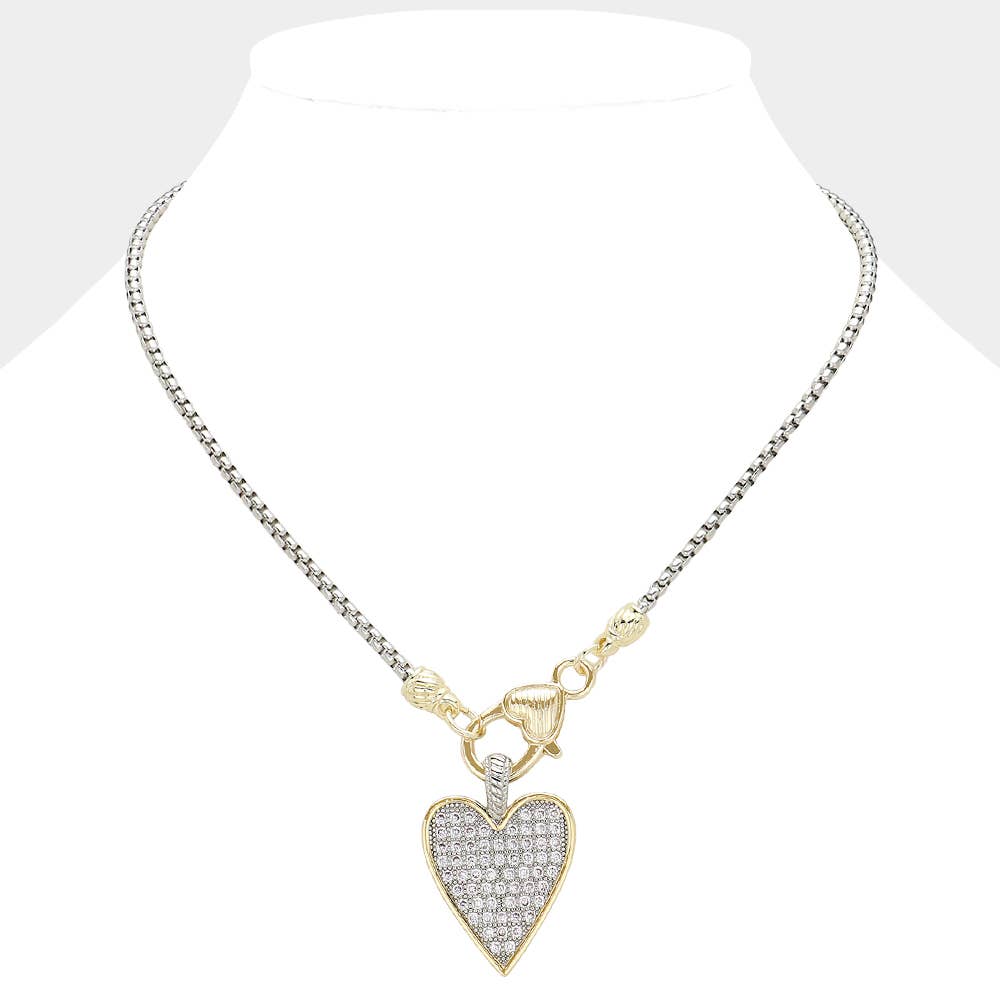 14K Gold Plated CZ Stone Paved Heart Pendant Necklace