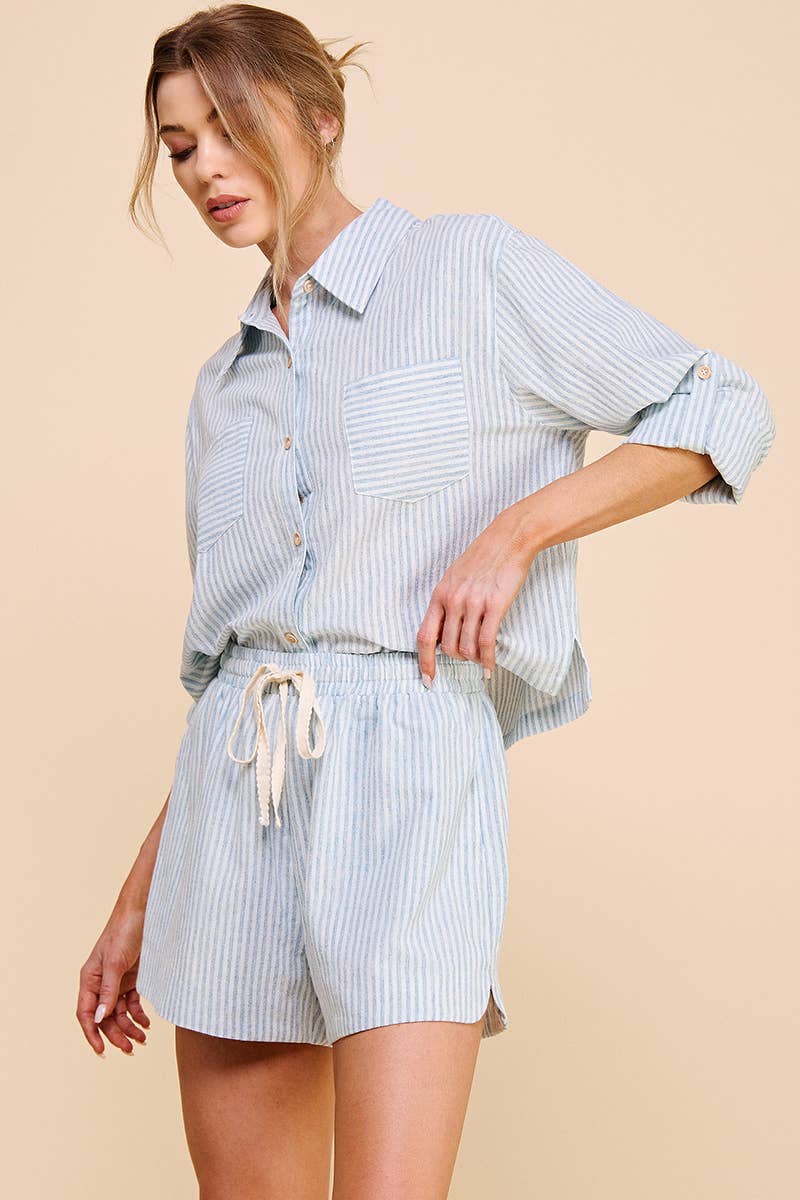 Cropped Long Sleeve Linen Striped Shirt