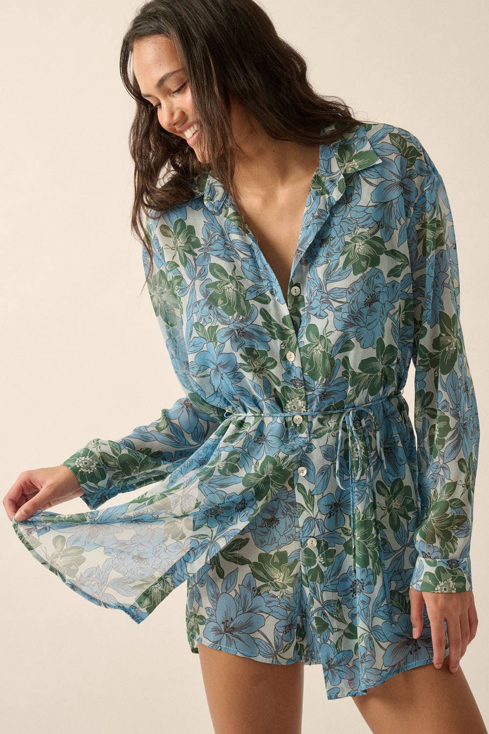 Floral Chiffon Belted Long-Sleeve Shirt Romper