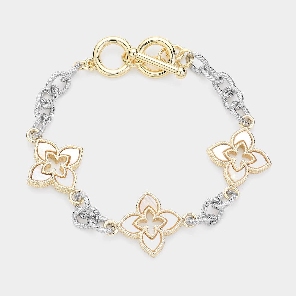 14K Gold Plated CZ Stone Paved Clover Toggle Bracelet