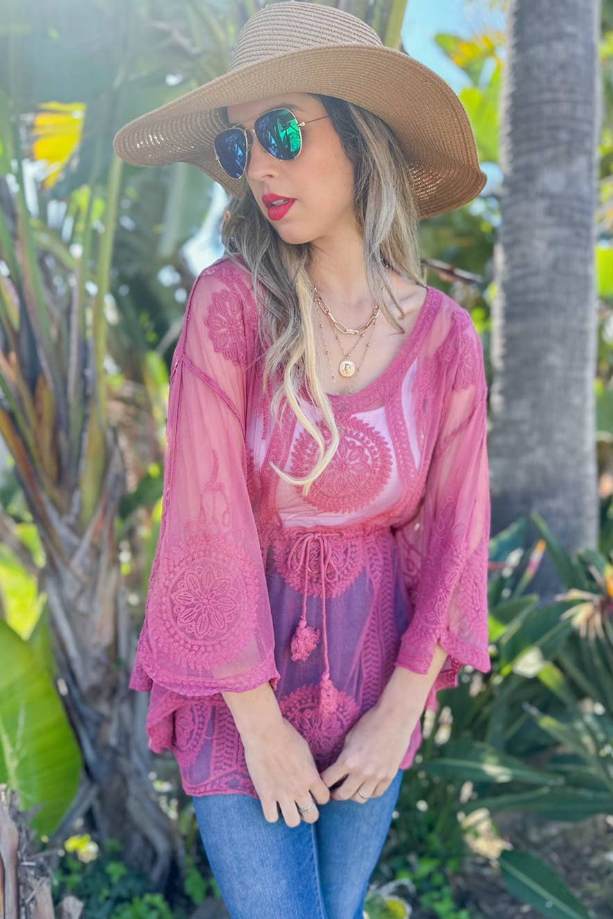 Mauve Classic Floral Sheer Top With Tassel Belt Poncho