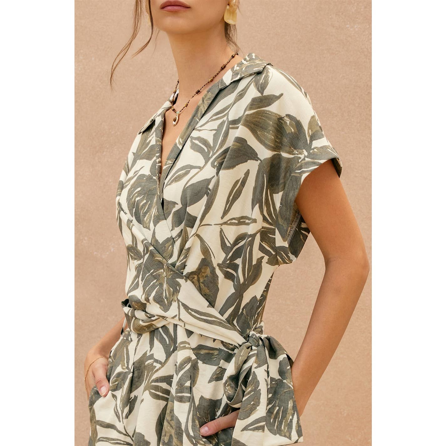 Swaying Palms Surplice Waist Tie Romper