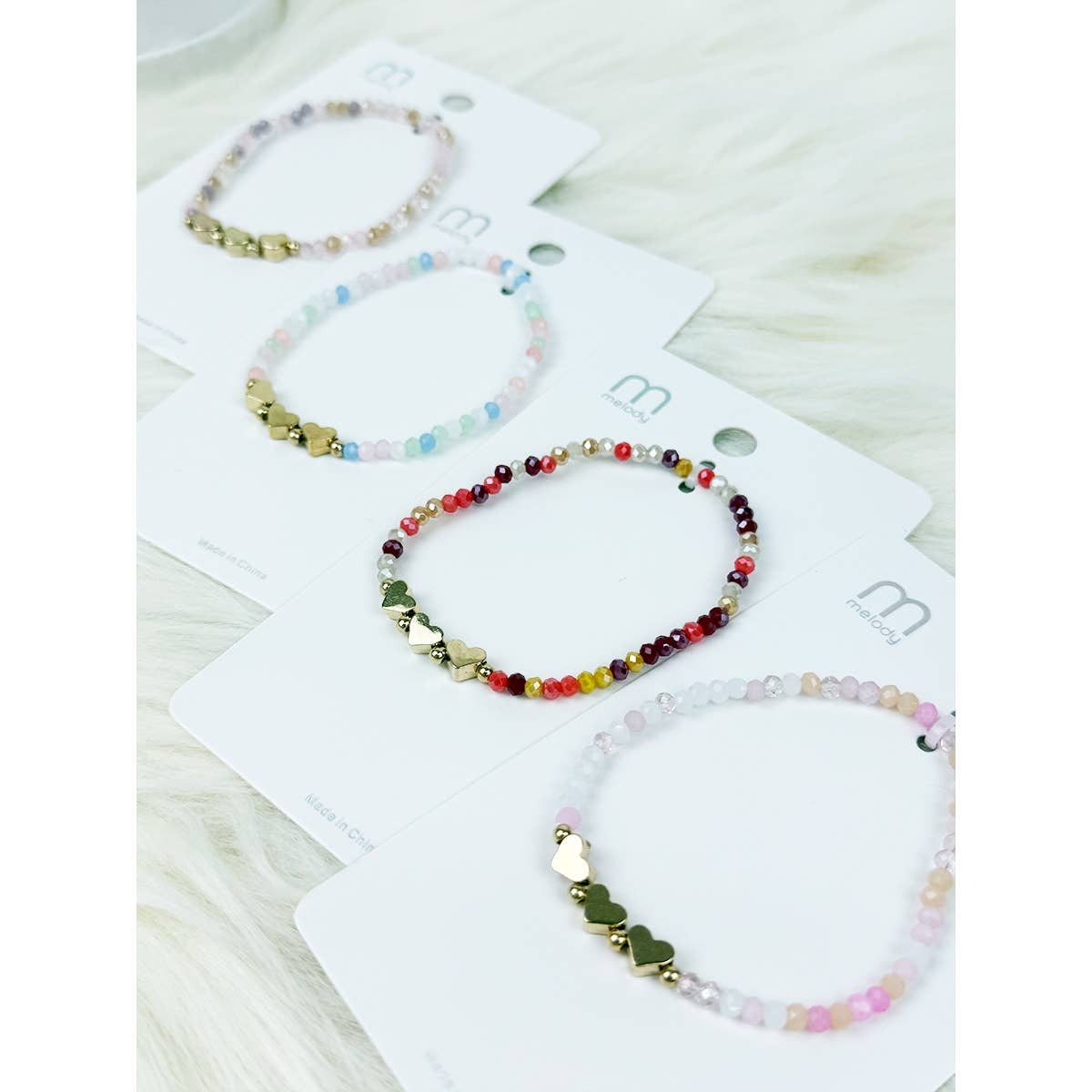 Triple Gold Heart Charm Mix Bead Bracelet