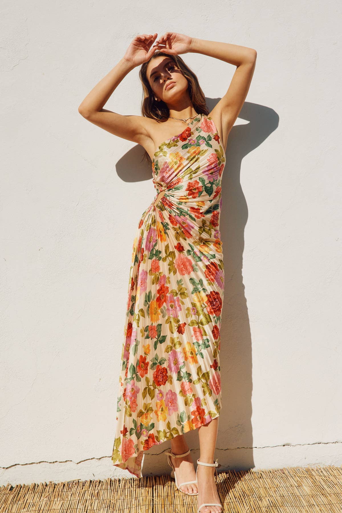 Floral One Shoulder Asymmetrical Pleated Dress