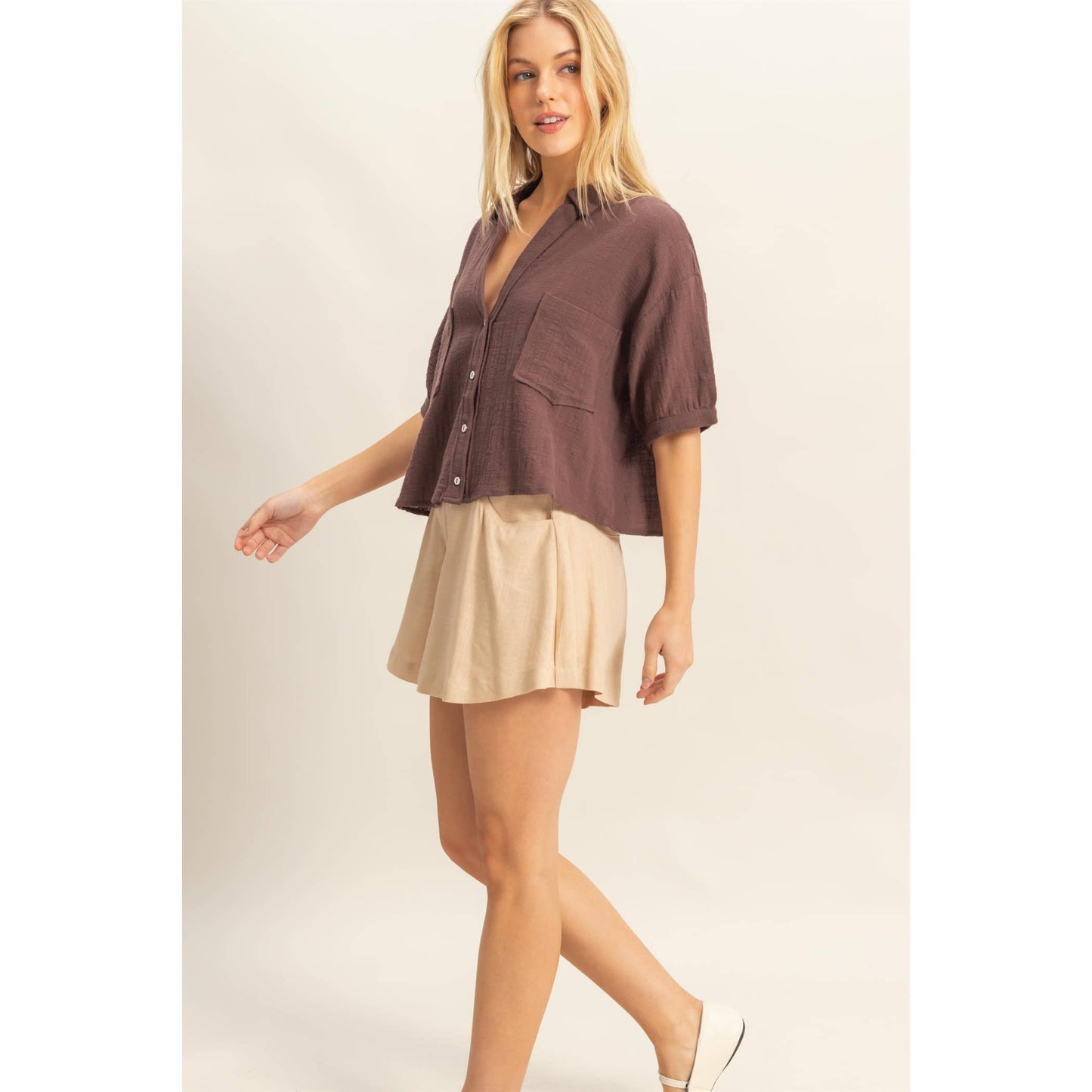 Short Sleeve Button-Front Crop Shirt