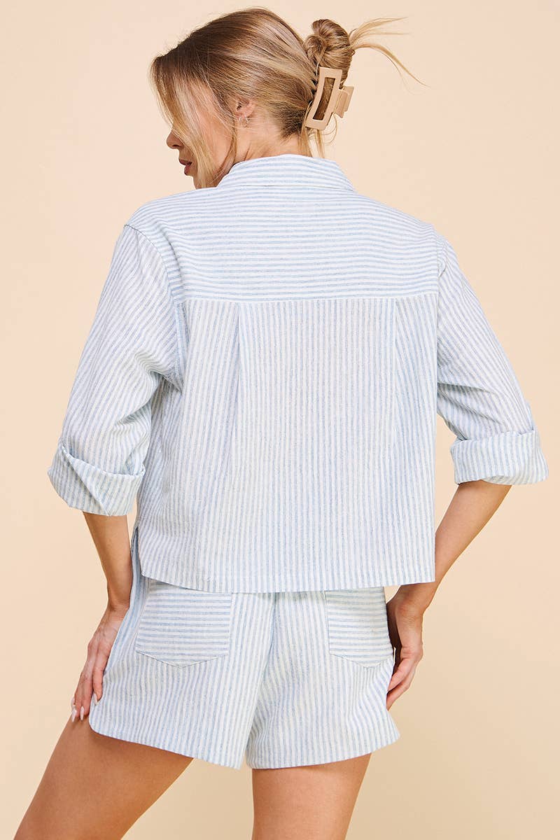 Cropped Long Sleeve Linen Striped Shirt