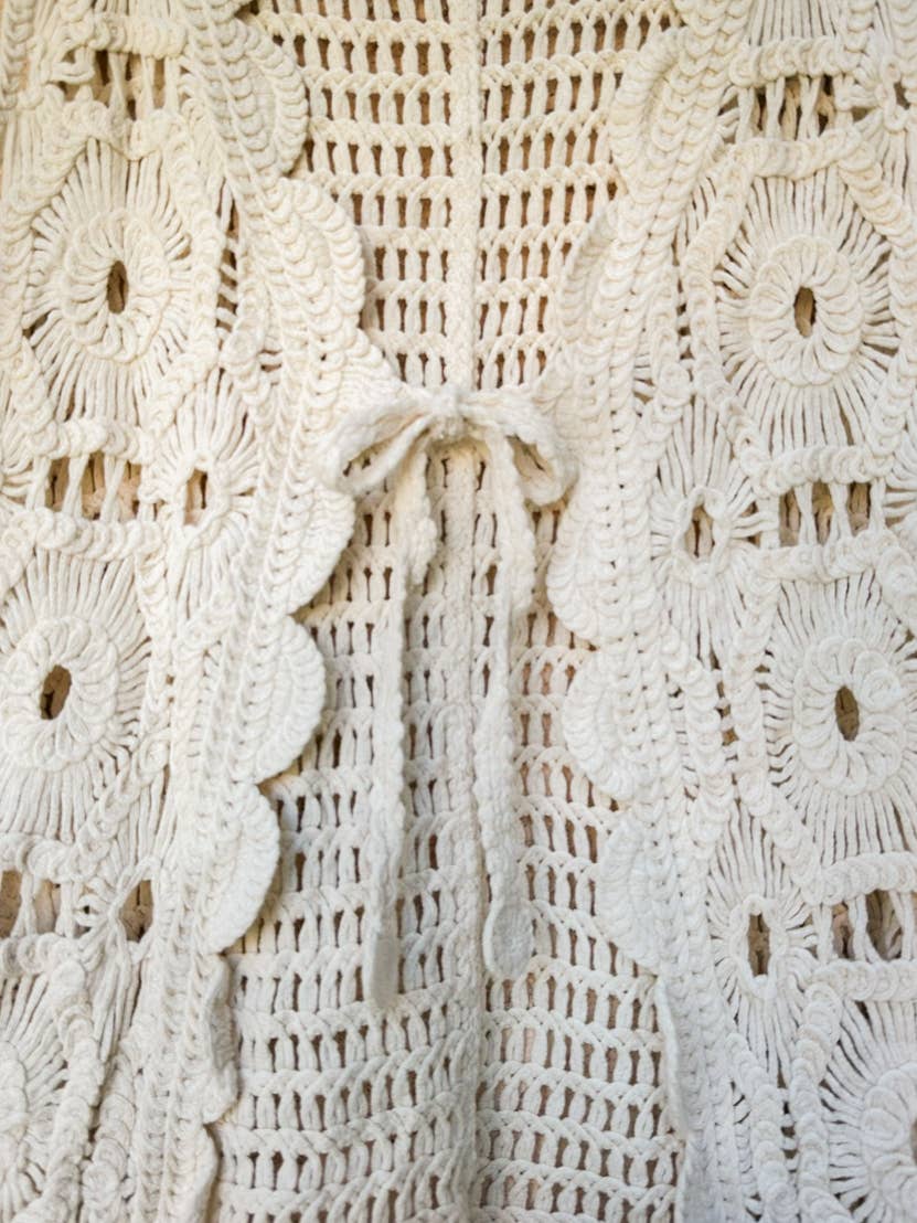 Ivory Boho Floral Crochet Open Front Vest with Tie
