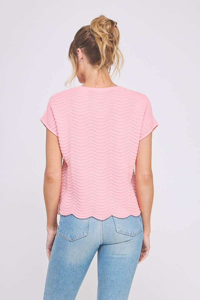 Fine gauge scallop pattern relaxed knit top