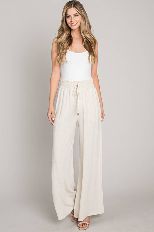 Soft Linen Smocked Waist Wide Leg Pants
