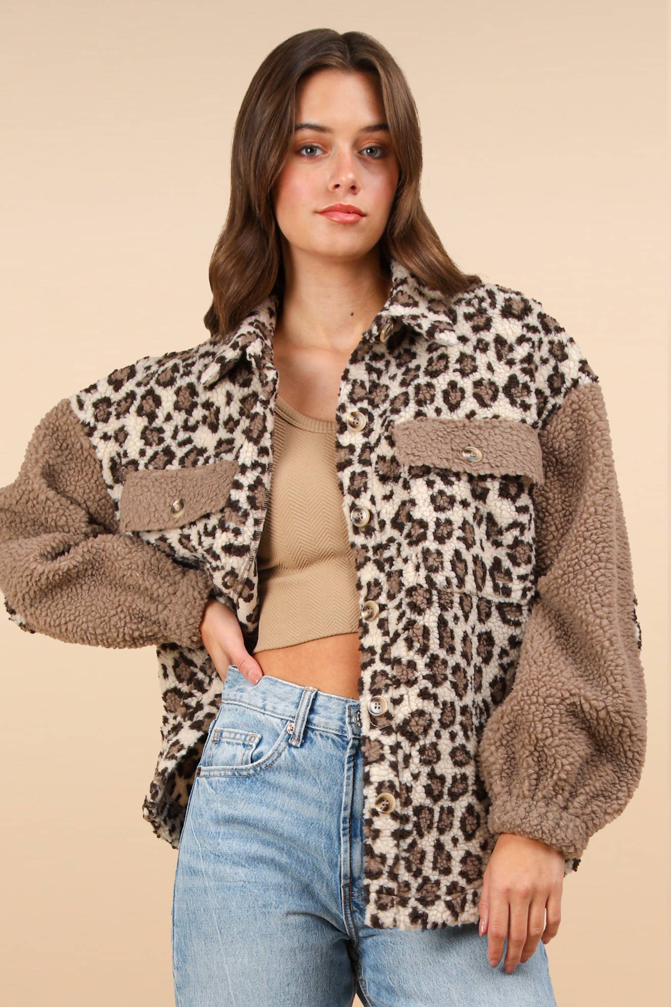 Oversized Leopard Printed Fleece Jacket