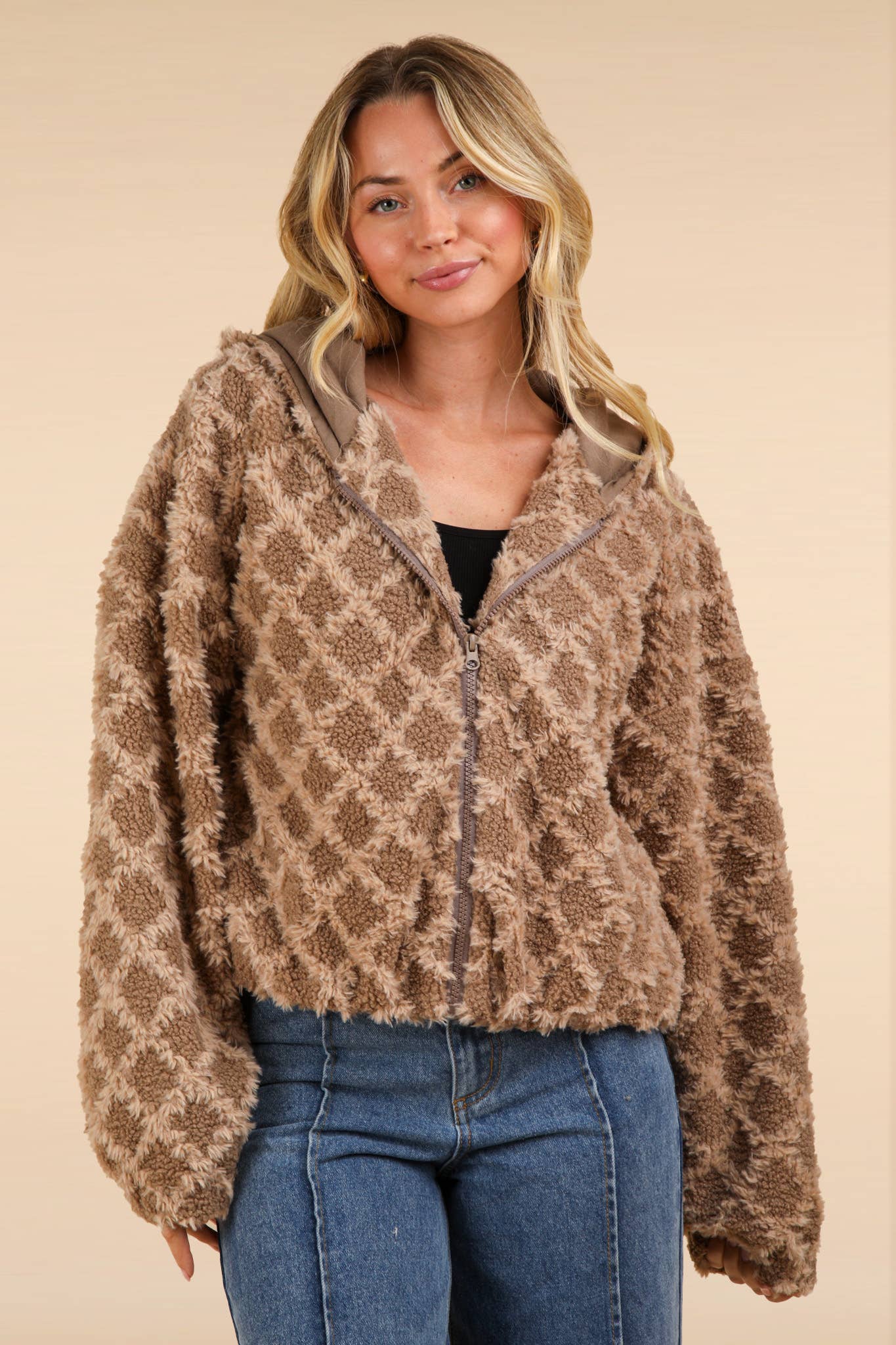 Oversized Fuzzy Fur Textured Knit Hoodie Jacket