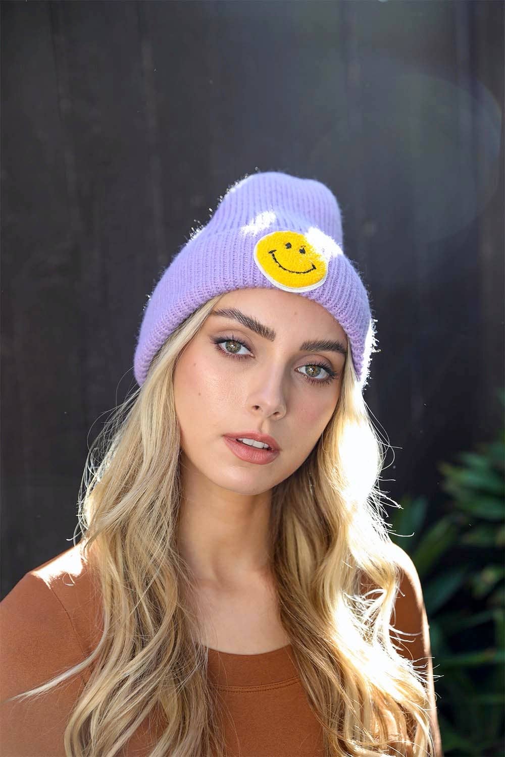 Smiley Face Ribbed Beanie: Lavender
