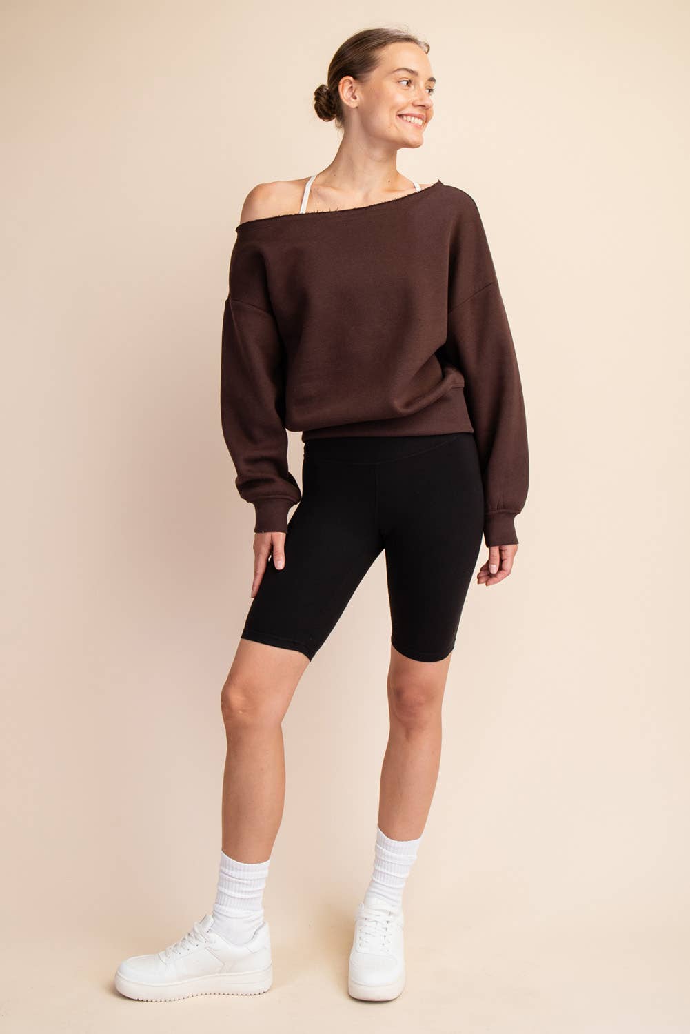 FRENCH TERRY FLEECE OFF SHOULDER TOP