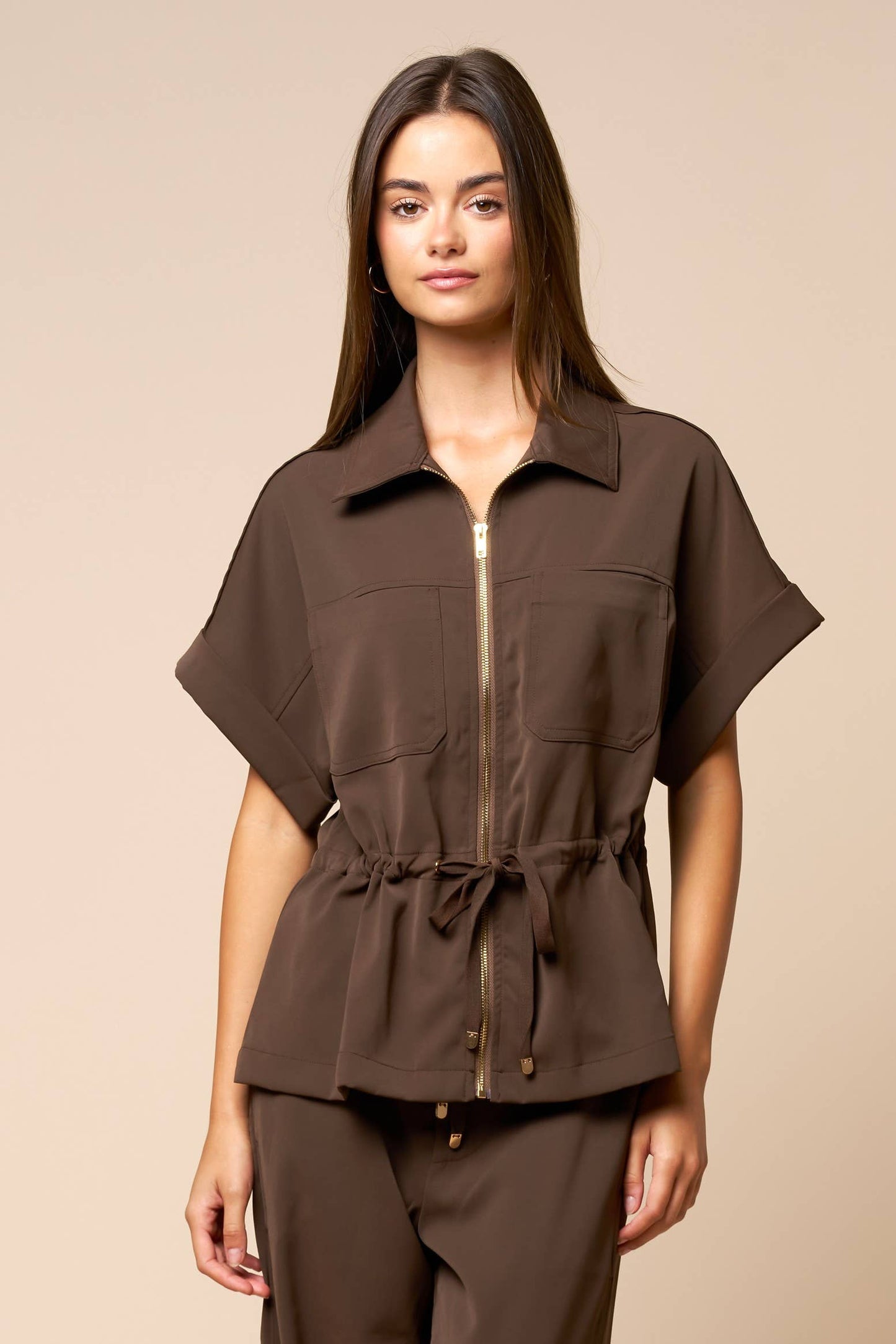 Front Zipper Closure Collared Drawstring Blouse