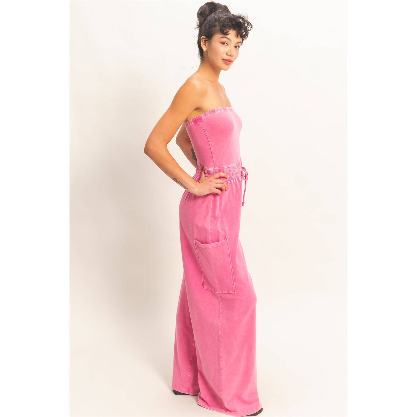 Mineral Wash Strapless Wide-Leg Jumpsuit