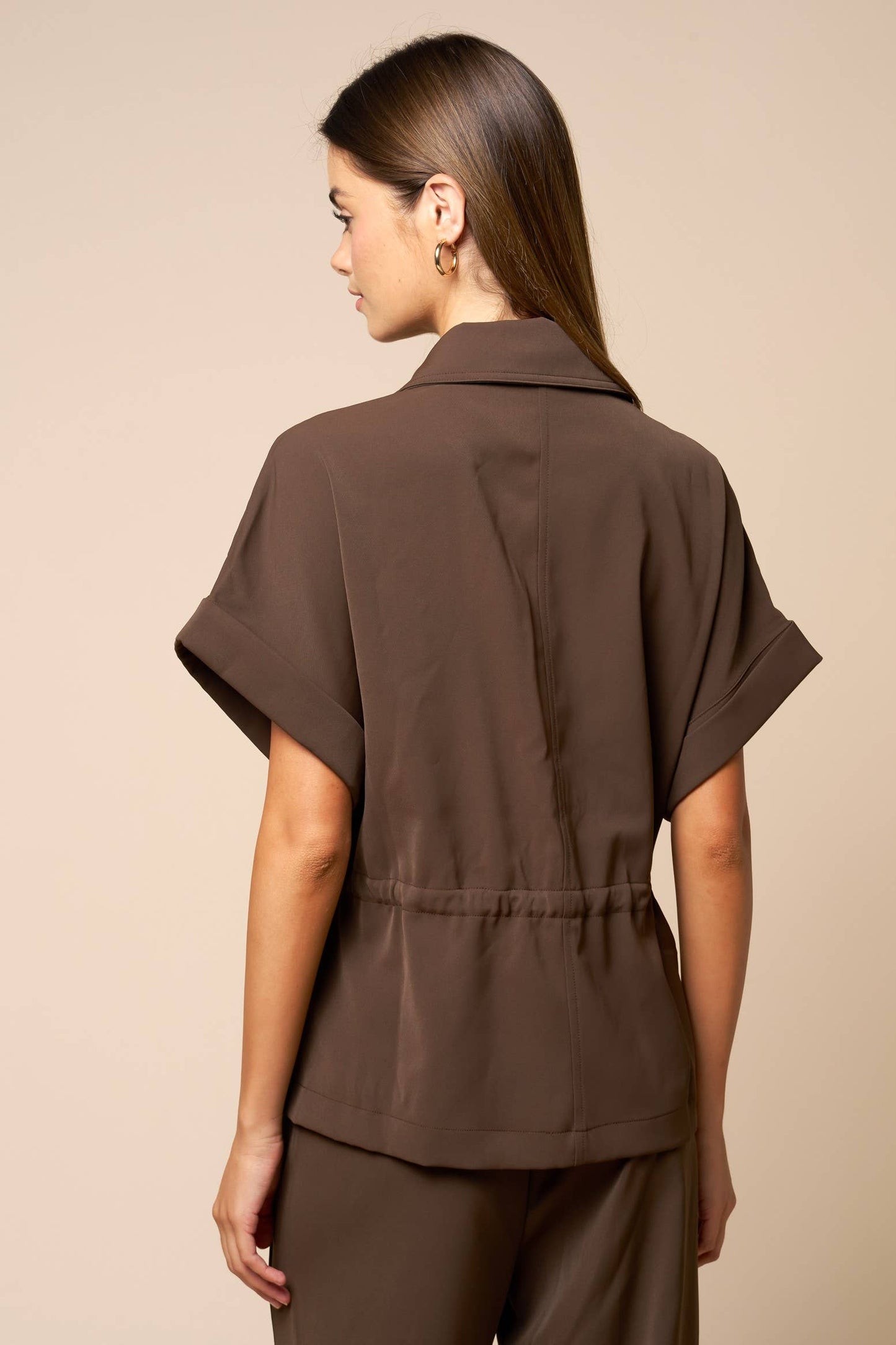 Front Zipper Closure Collared Drawstring Blouse