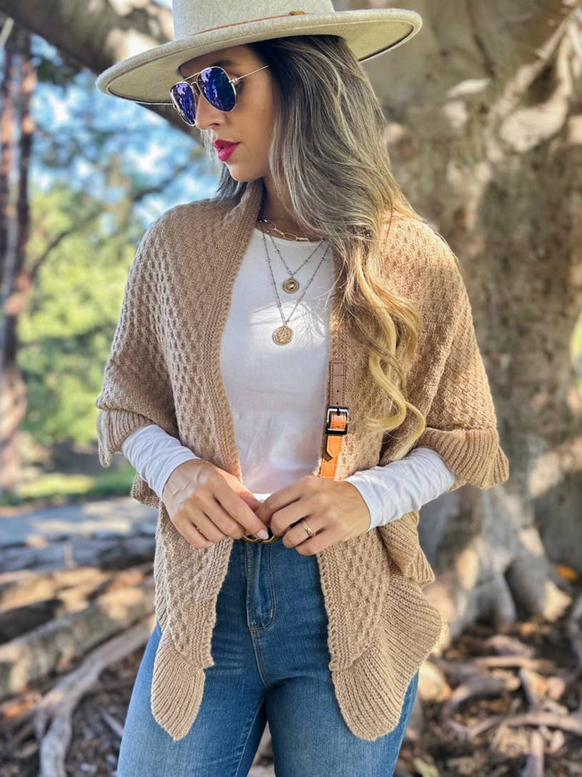 Taupe Boho Triangle Ruffle Shawl with Faux Leather Buckle